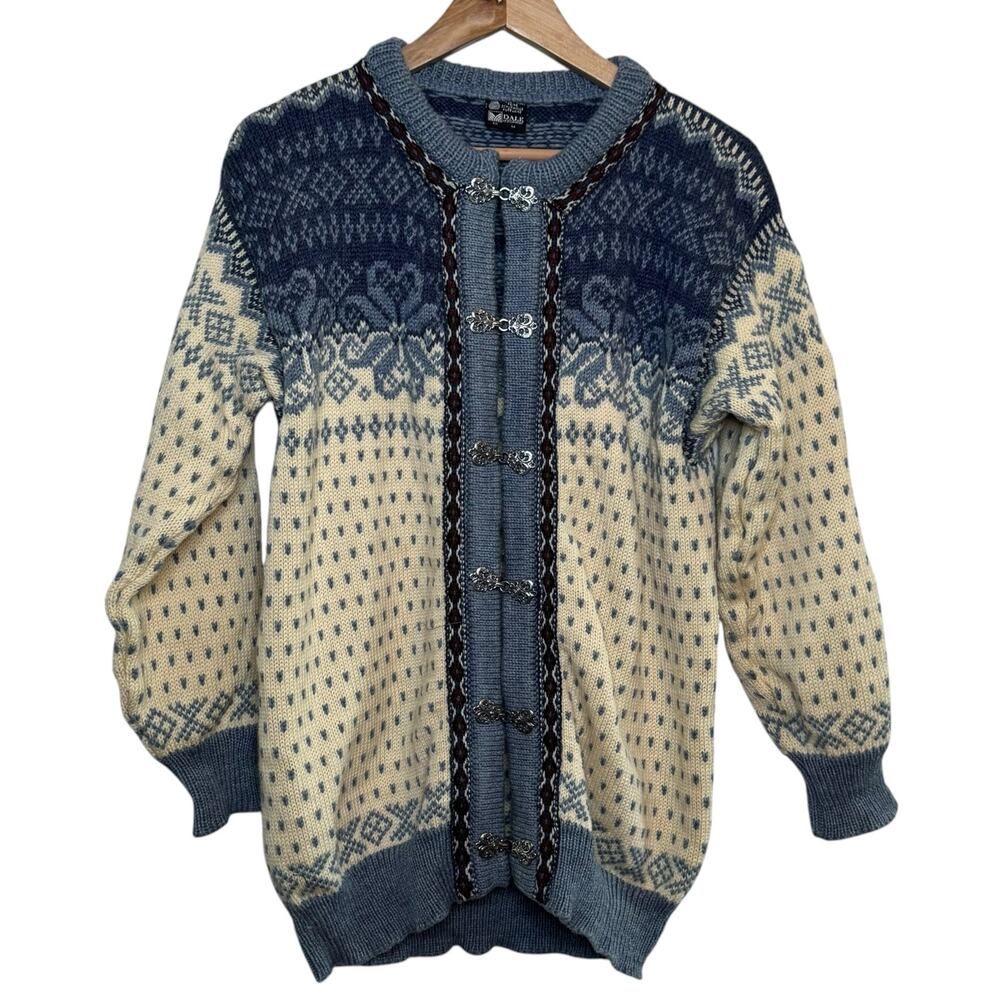 Dale of Norway Pure Wool Nordic Pewter Clasp Fair Isle Cardigan Sweater M/50